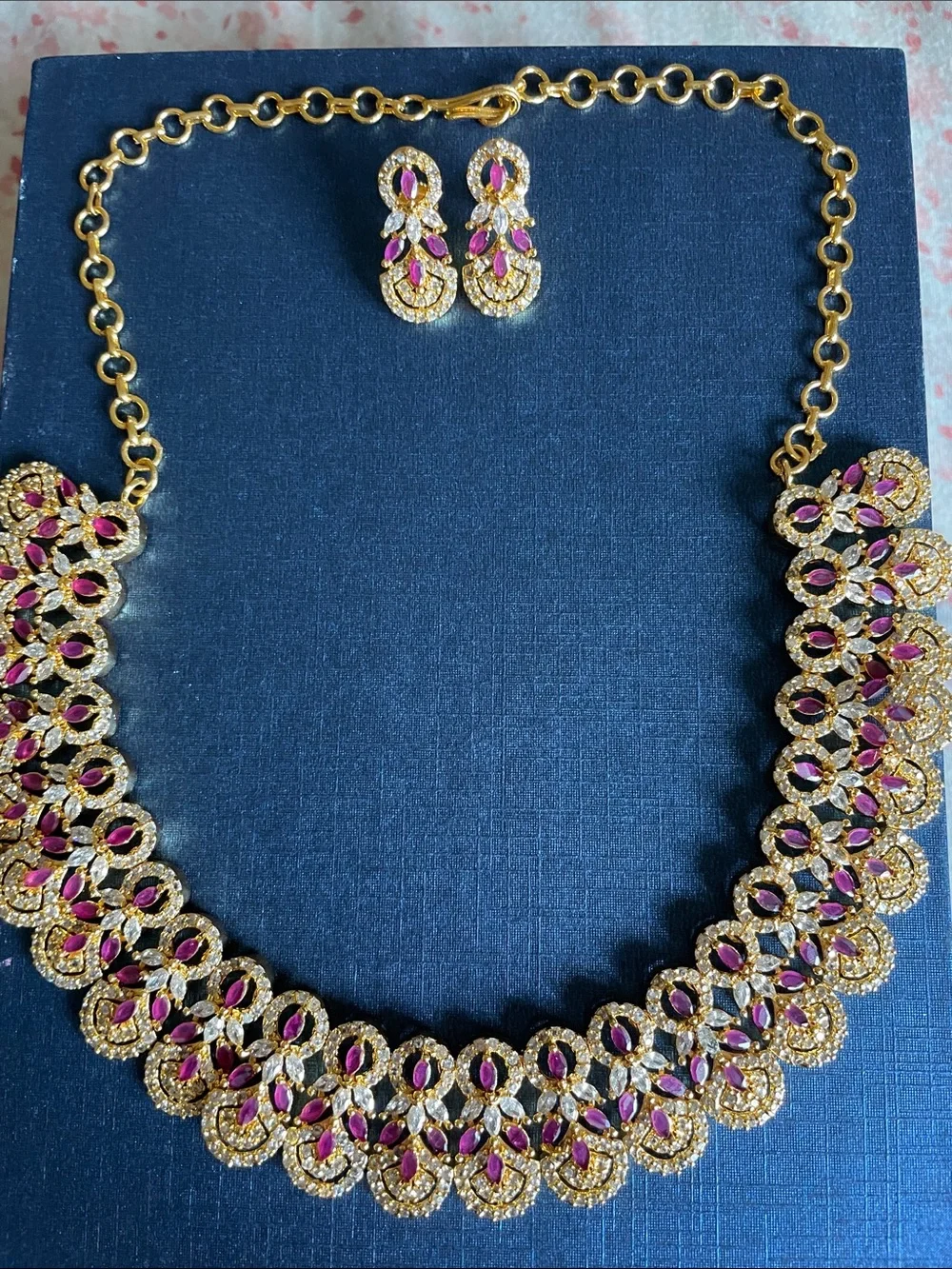 Gold-tone Necklace & Earrings Set with Pink Stones